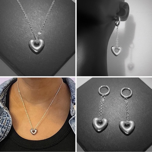 Heart Chain Drop Ear Huggies & Necklace - Picture 4 of 6